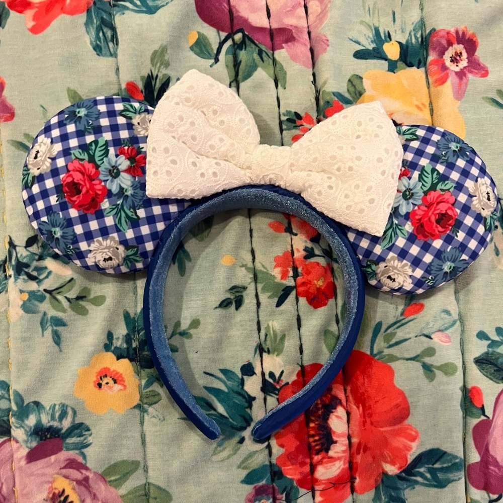 Disney Parks Gingham Cottage Flower Checkered Minnie Mouse Ear Headband